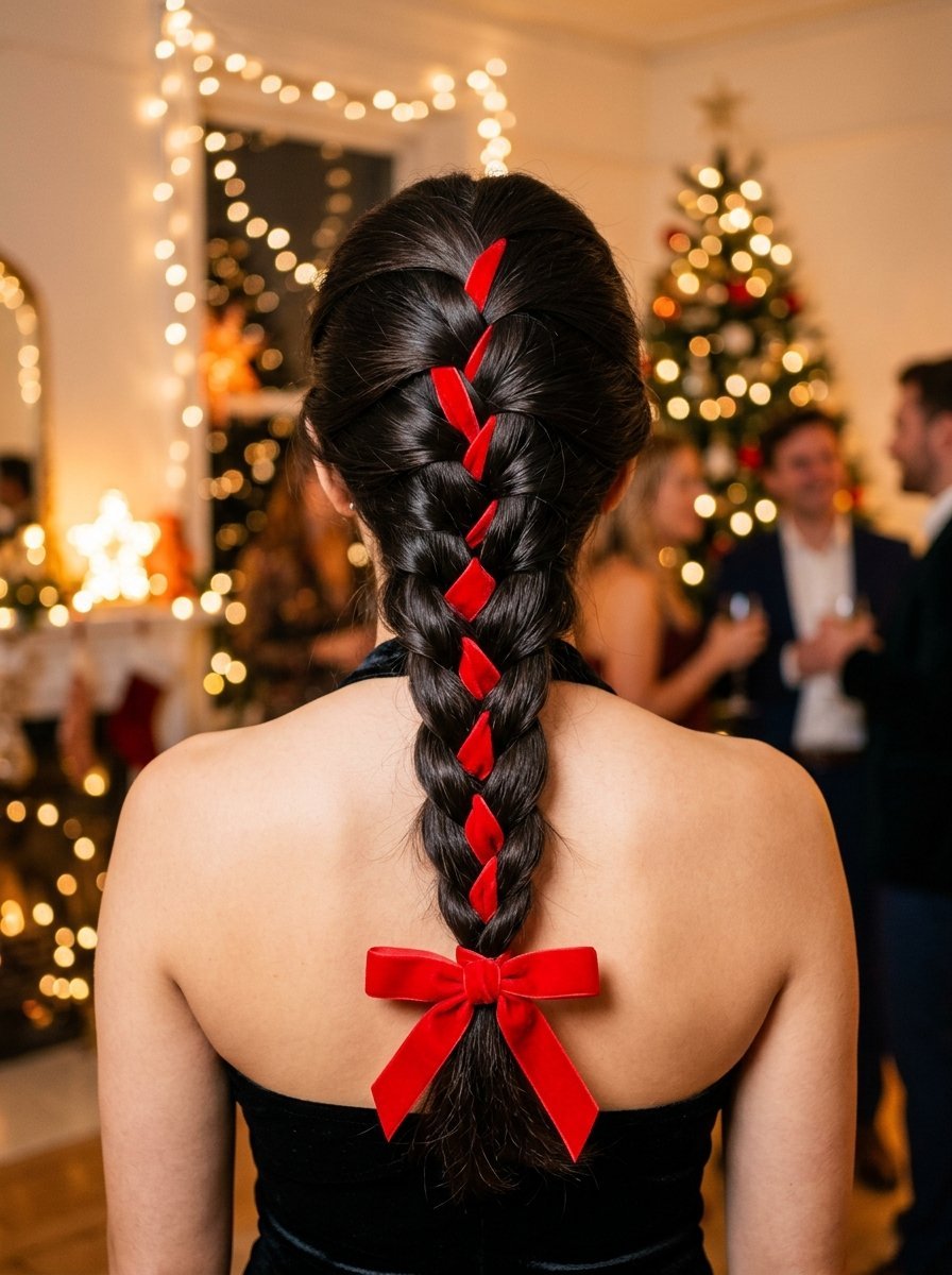 Close-up view of a dark haired woman with a French braid accented by red velvet ribbon tied into a bow.