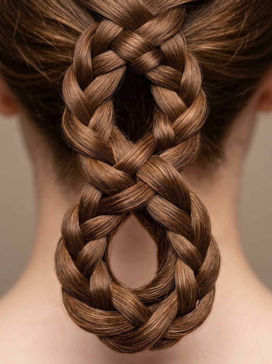 Back view of a woman with long chestnut hair styled into a complex infinity symbol braid.