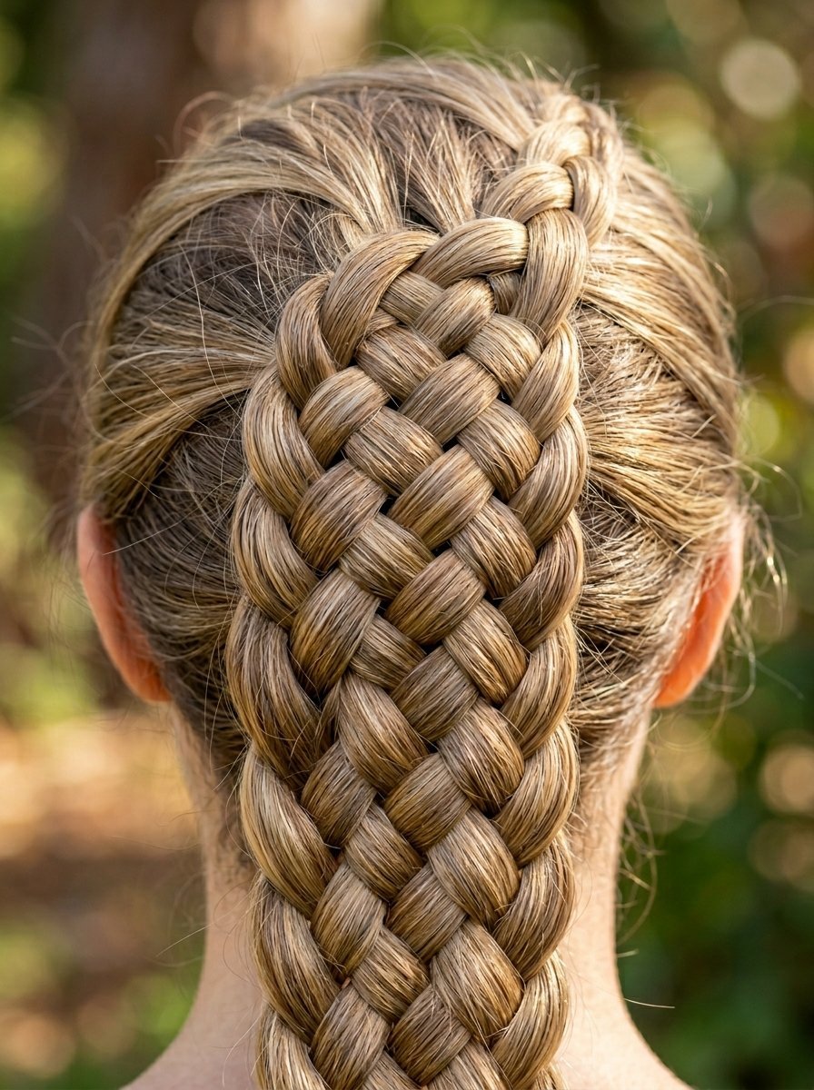 Back view of a woman with long highlighted blonde hair styled in a complex woven lattice braid pattern.