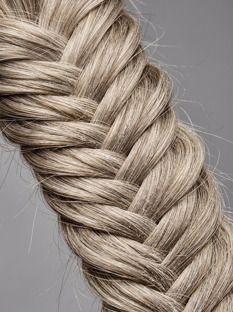 Detailed texture of a light brown hair braid styled in a classic fishtail pattern against a grey background.