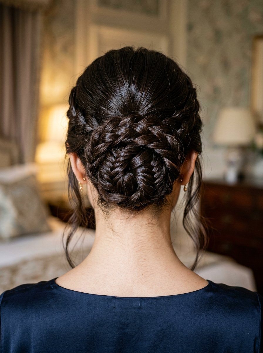 Close-up back view of a woman with dark hair in a sophisticated braided chignon bun with loose strands.