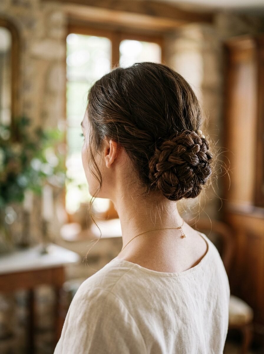 Close-up view from behind of a woman with brunette hair styled in a sophisticated, woven low bun.