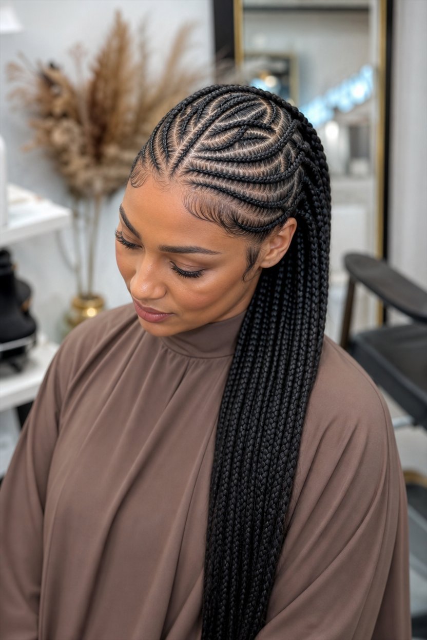 Close-up view of a woman with black hair styled in intricate cornrows leading into a long braided ponytail.