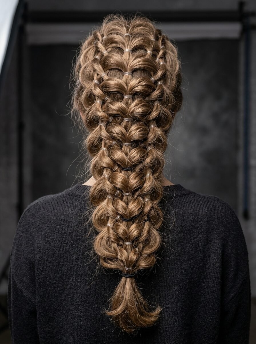 Close up of a woman from behind with long hair secured into a decorative braided pattern using small elastic bands.