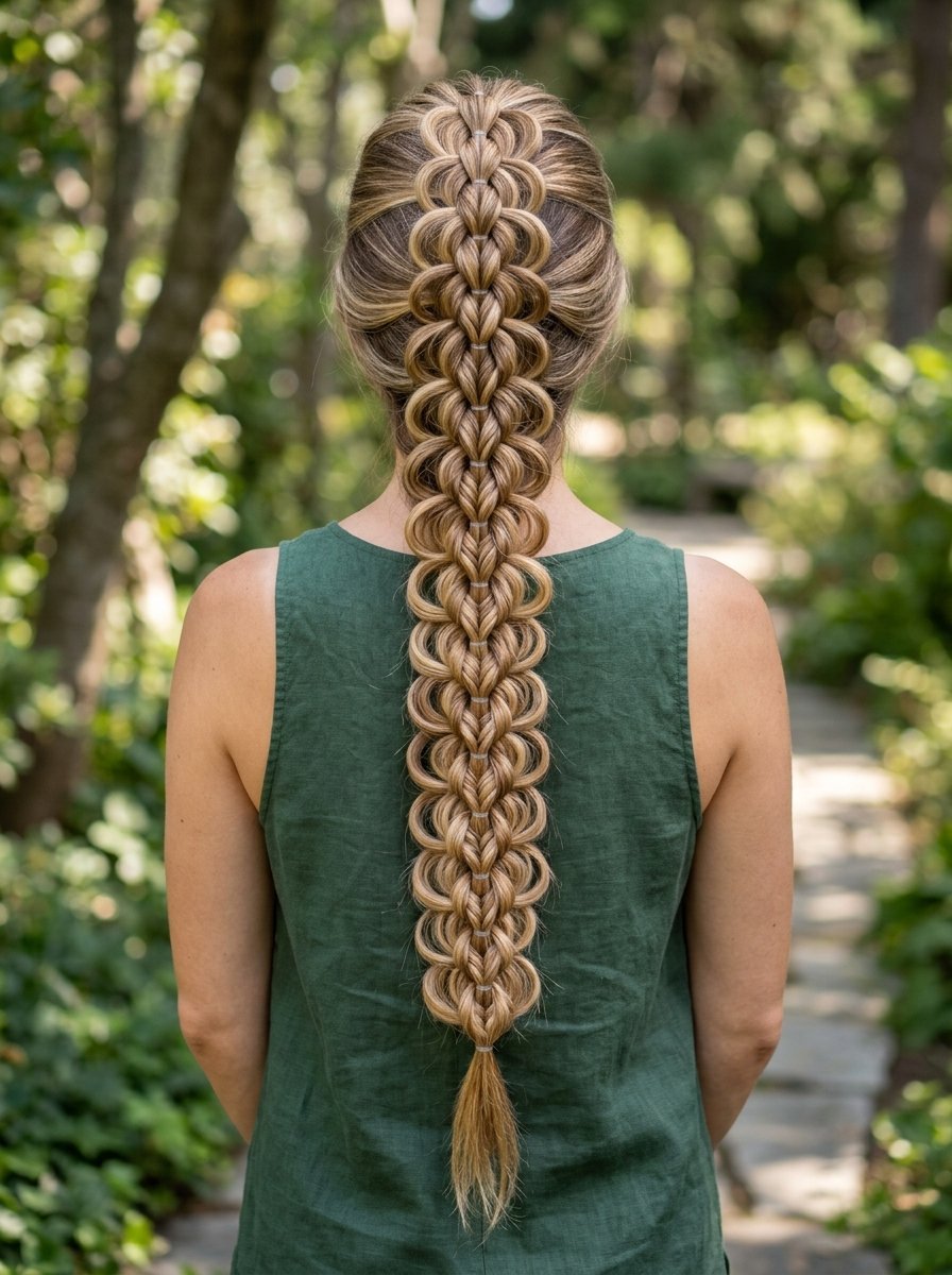 Back view of a woman with long blonde hair styled in an elaborate series of loops secured with small clear elastics.
