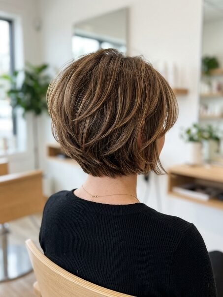 Back view of a woman with a trendy, short layered brown bob in a salon.