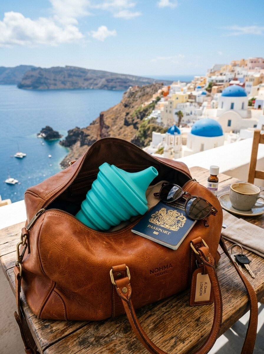 A brown leather duffel bag containing a teal bottle and passport, resting on a table overlooking the Greek islands.