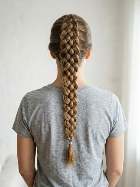 Back view of a person with light brown hair styled in a tight, thick four-strand braid.