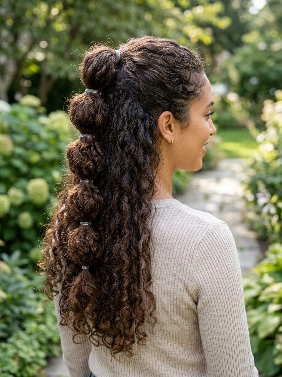 Side profile of a woman wearing a long curly bubble ponytail hairstyle outdoors.
