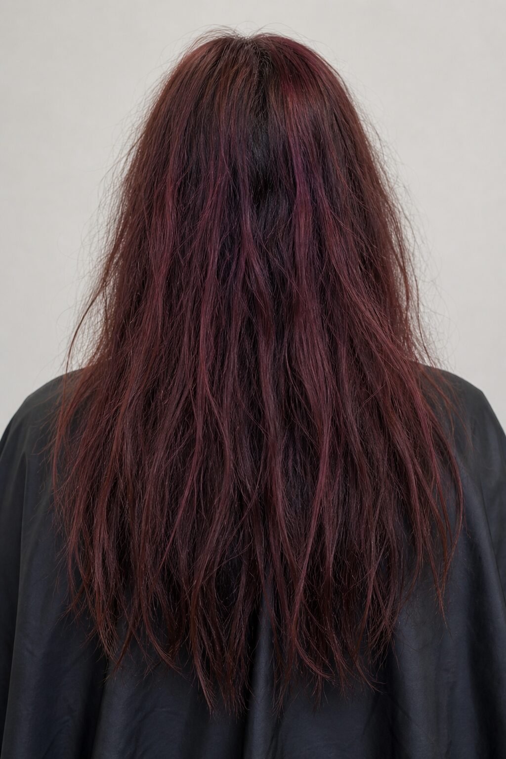 Long wavy hair dyed in a deep burgundy shade seen from behind while wearing a black salon cape.