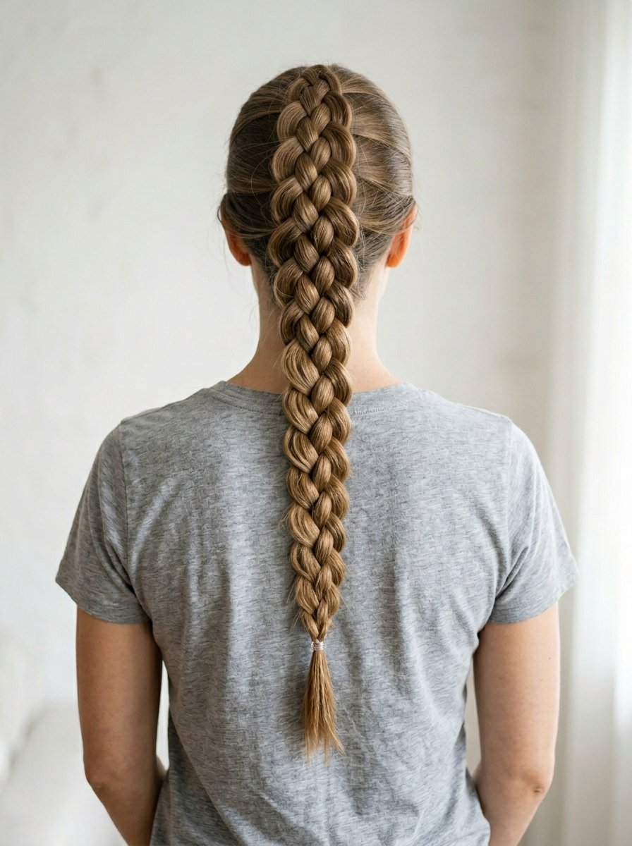 A person with long blonde hair styled into a tight, complex braid down the back wearing a grey t-shirt.