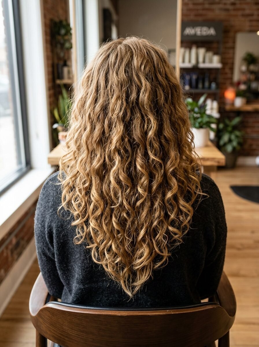 Back view of a woman with long, textured blonde curls styled in a V-shape sitting in a professional hair salon chair.