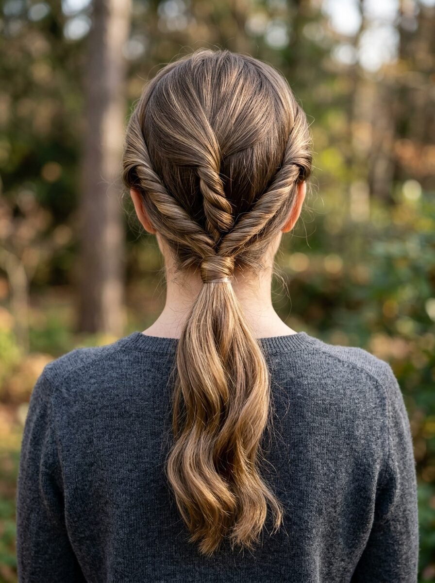 Back view of a woman with highlighted brown hair styled in two side twists meeting at a low ponytail.