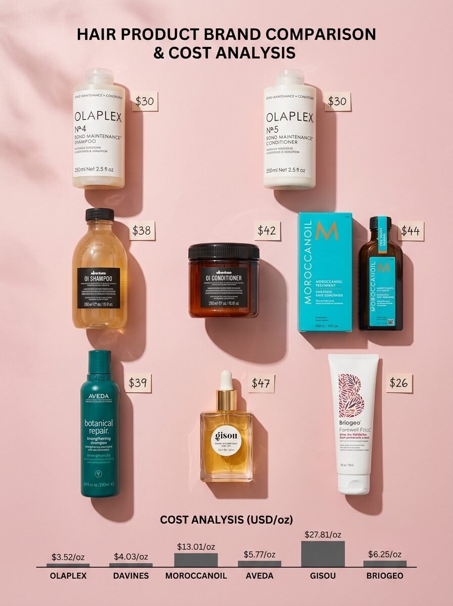 An infographic showing various premium shampoo and hair treatment bottles with their corresponding price points.