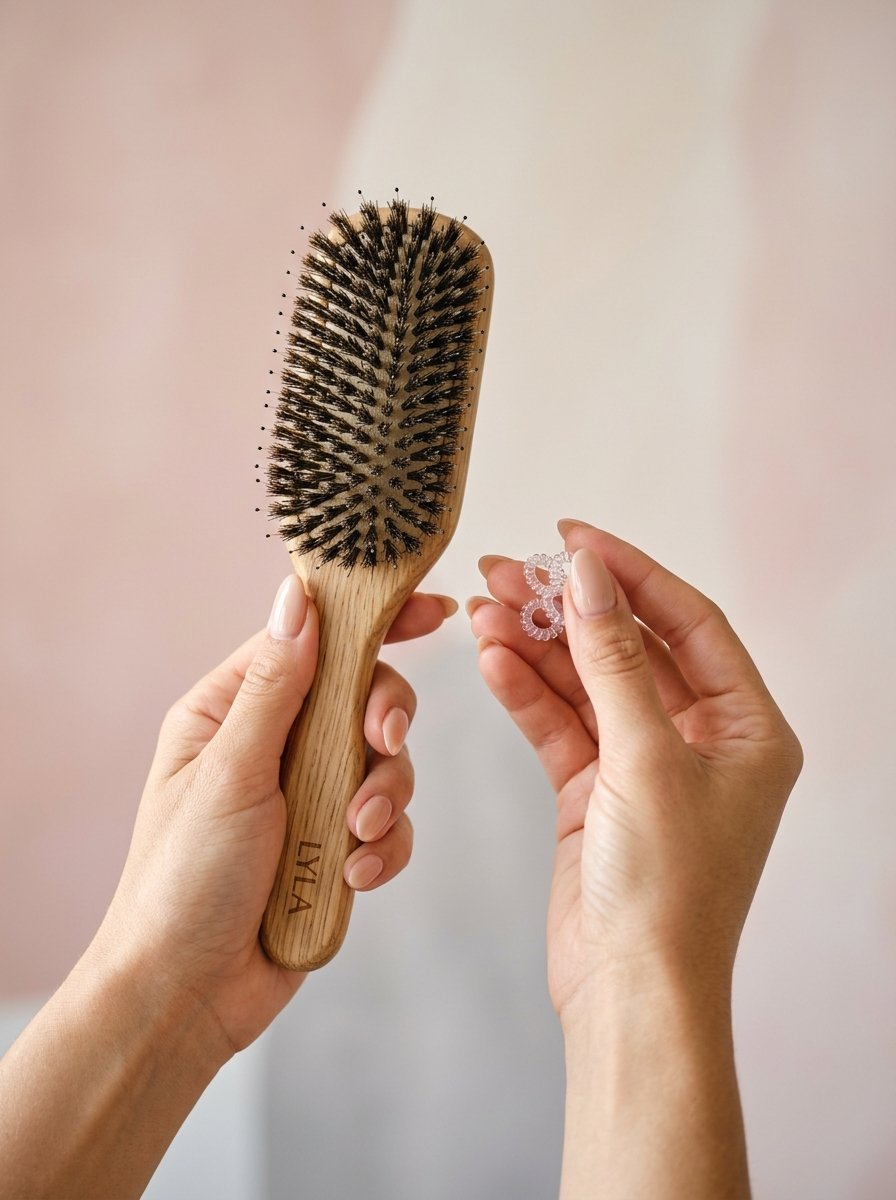 Close up of hands holding a branded wooden hairbrush next to small transparent spiral hair ties.