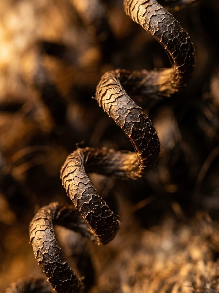 A microscopic view of a single curly brown hair strand with visible cuticles illuminated by warm light.