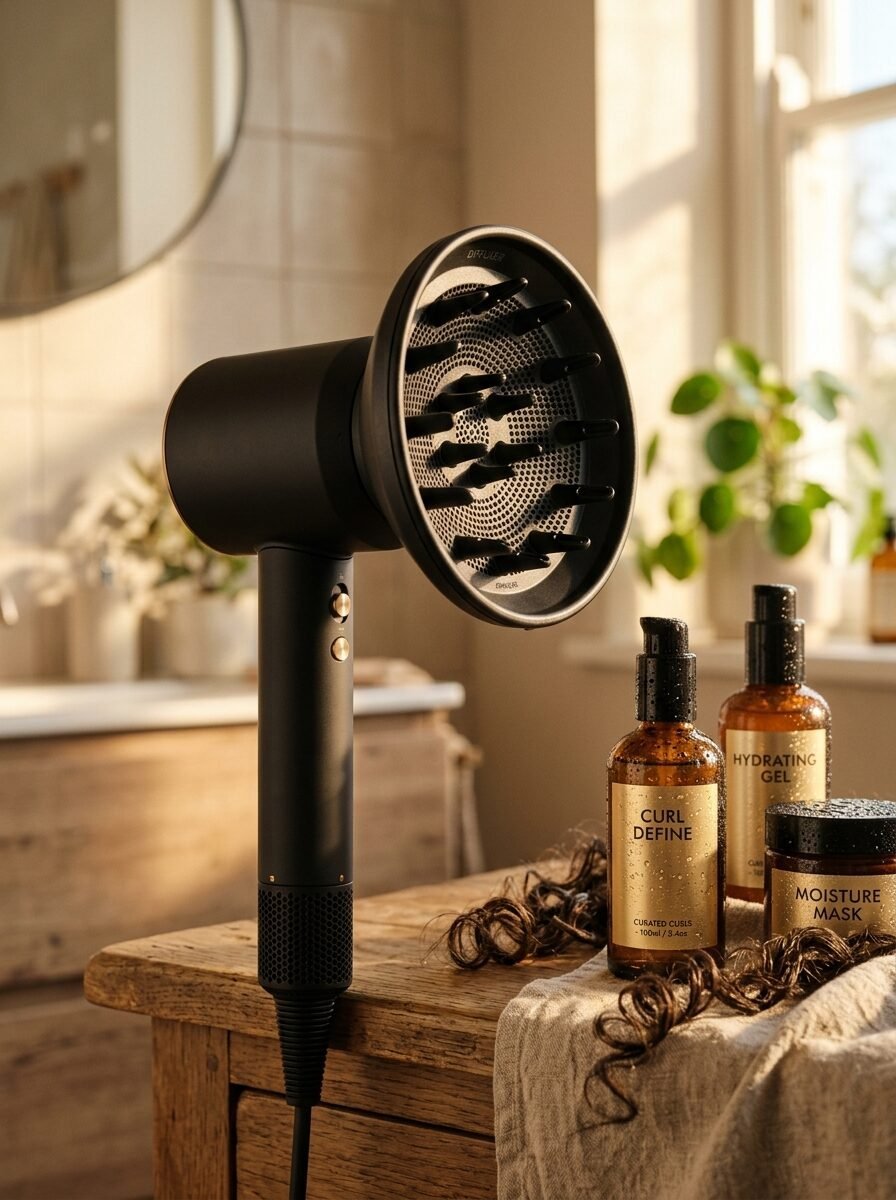 Close-up of a black hair dryer with a diffuser attachment next to curly hair care bottles on a wooden bathroom table.