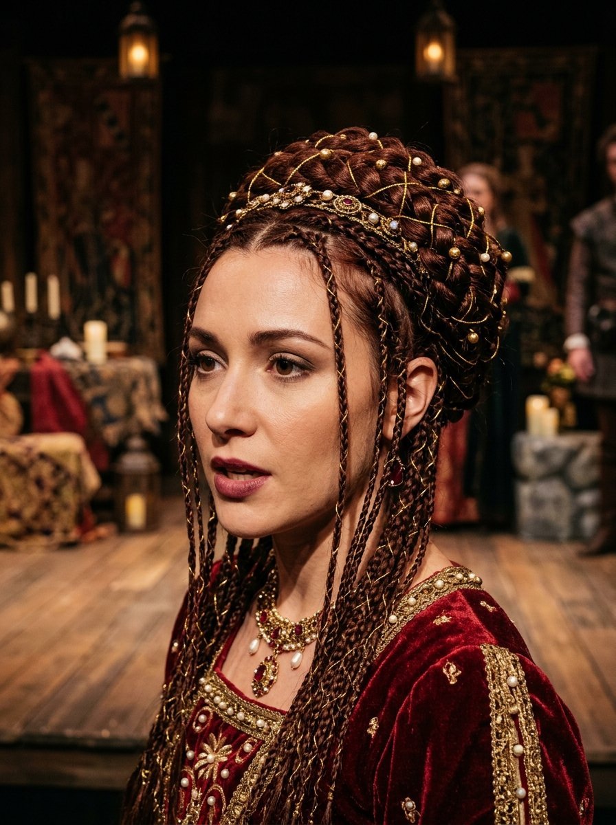 Woman in period costume featuring intricate braids with gold accents and a deep red velvet medieval dress.