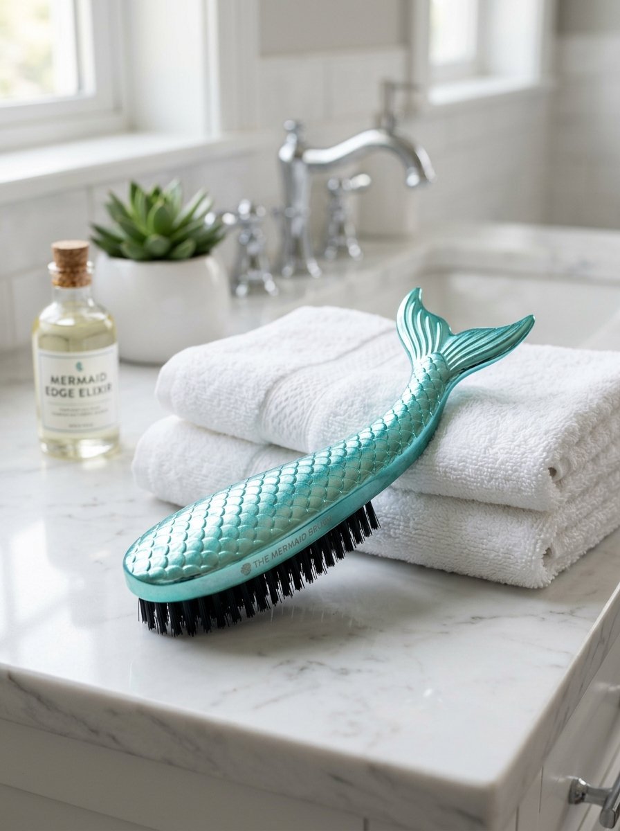 A metallic aqua mermaid tail design hair brush sitting on a stack of folded white towels in a bathroom.