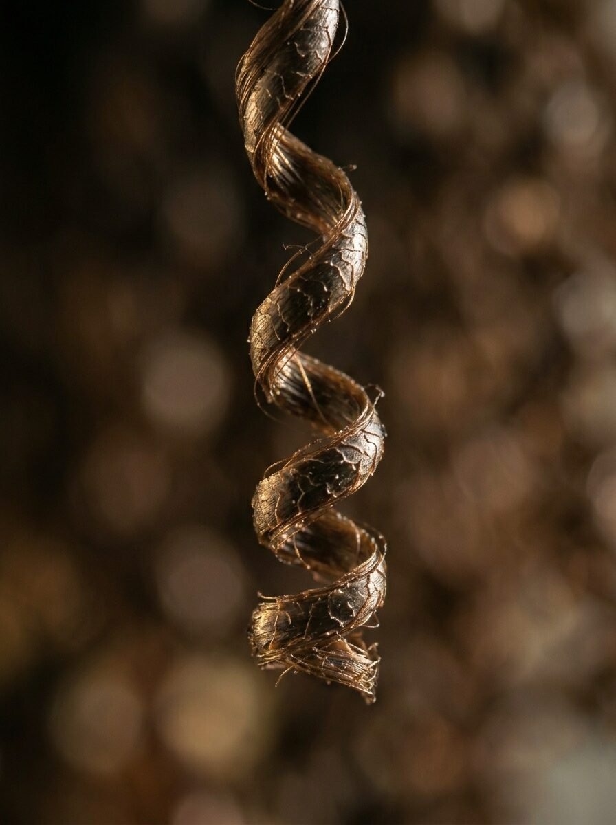 A macro photograph of a thin, brown, spiraled metal coil against a blurred, dark textured background.