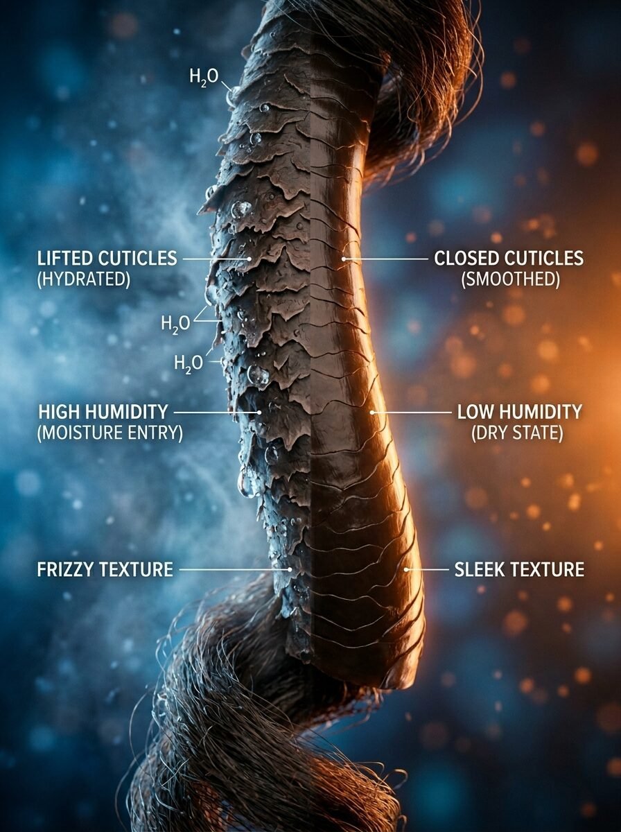 A close-up diagram showing damaged hair with lifted cuticles versus smooth hair with closed cuticles.