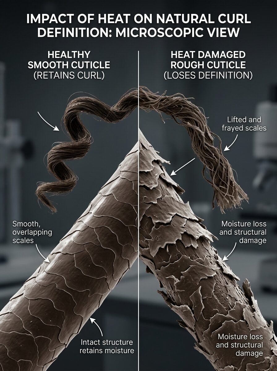 Close-up microscope imagery showing smooth, intact hair scales versus frayed, damaged hair fibers due to heat.