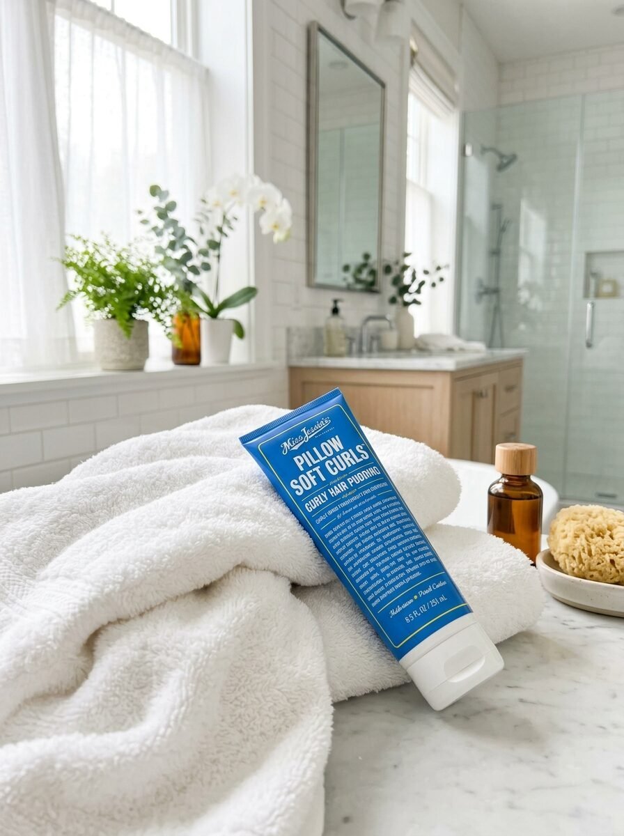 Miss Jessie's Pillow Soft Curls hair product resting on a white bath towel on a marble countertop.