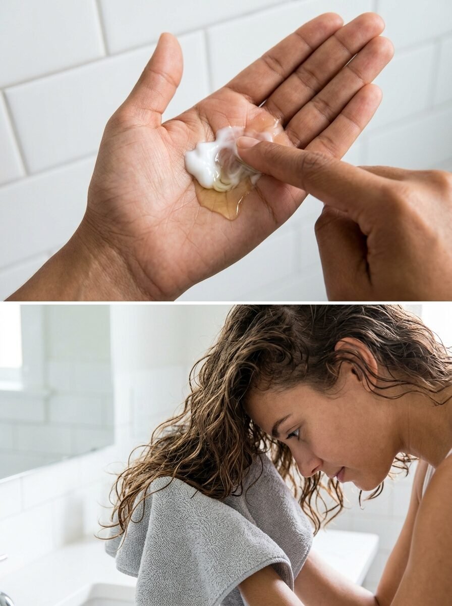 Close-up of hands mixing lotion and a woman drying her damp hair with a grey towel.