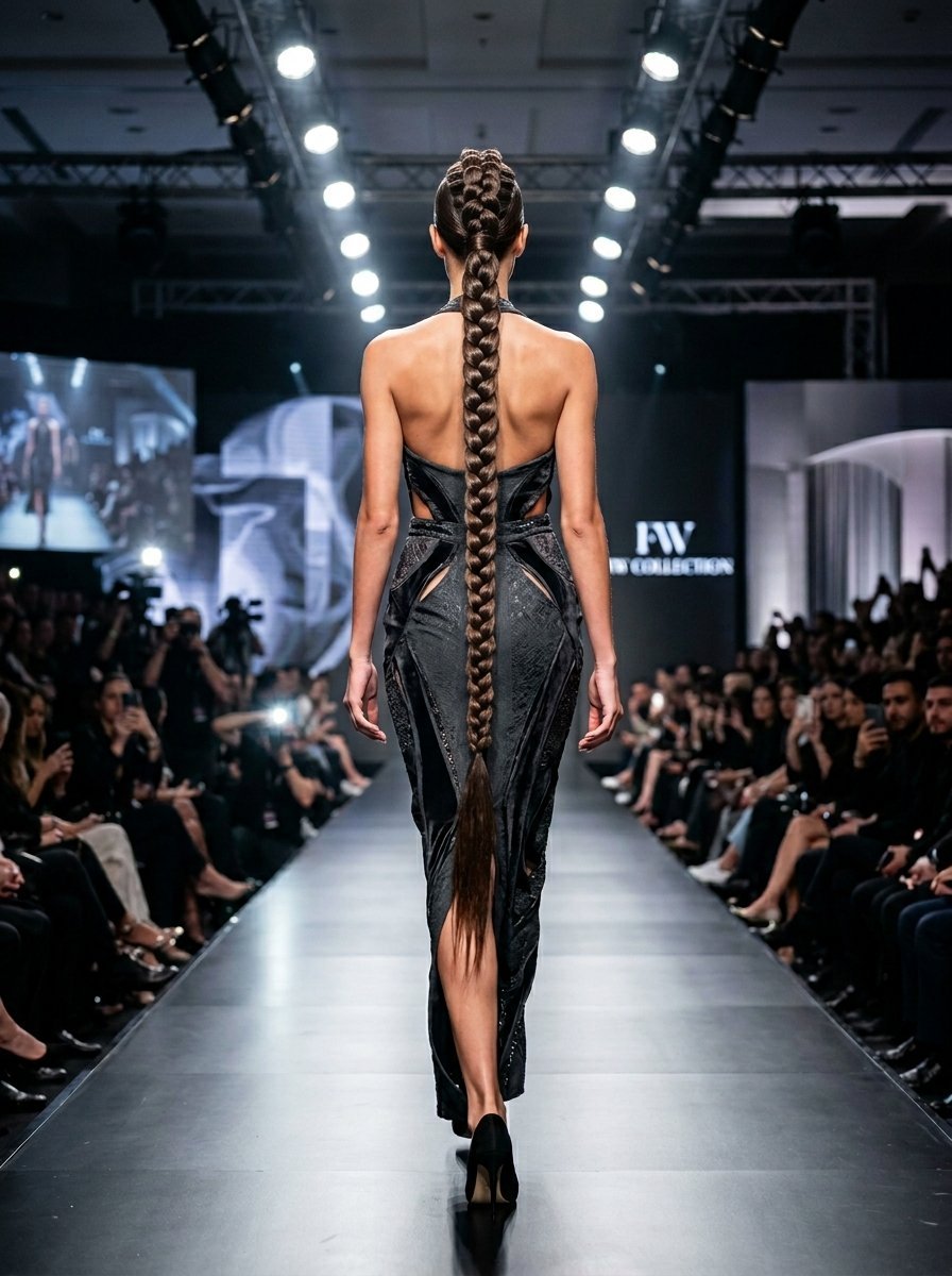Back view of a woman with a very long braided ponytail wearing a dark elegant gown on a brightly lit runway.