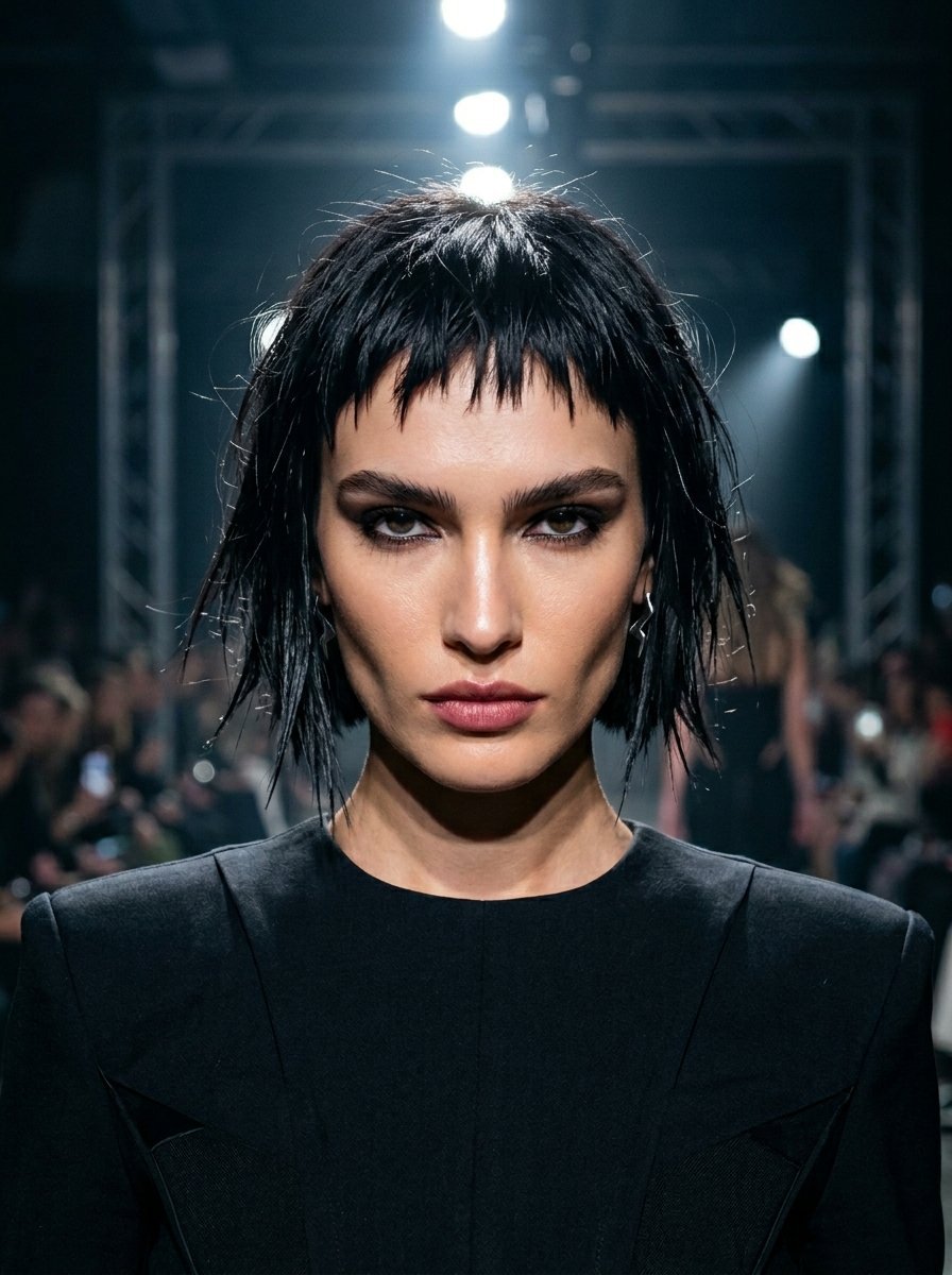 A woman with a short, choppy black hairstyle staring intensely at the camera during a fashion runway show.