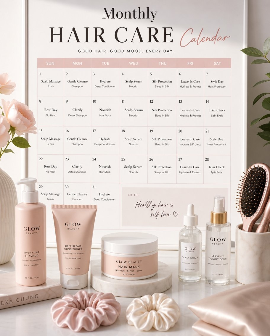 A printable hair care calendar featuring Glow Beauty shampoo, conditioner, mask, serum, and satin hair scrunchies.