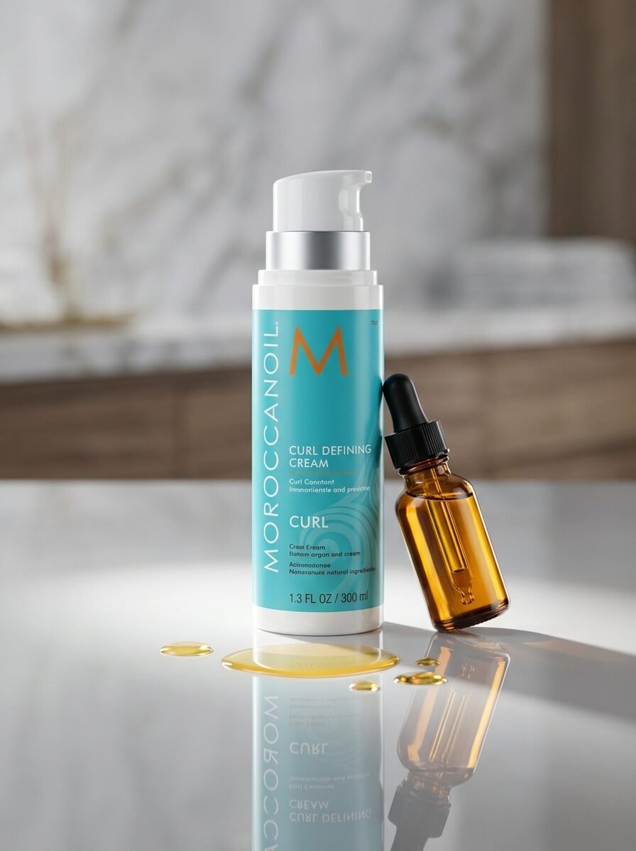 A turquoise pump bottle of hair cream standing next to a small glass bottle of amber oil on a reflective counter.