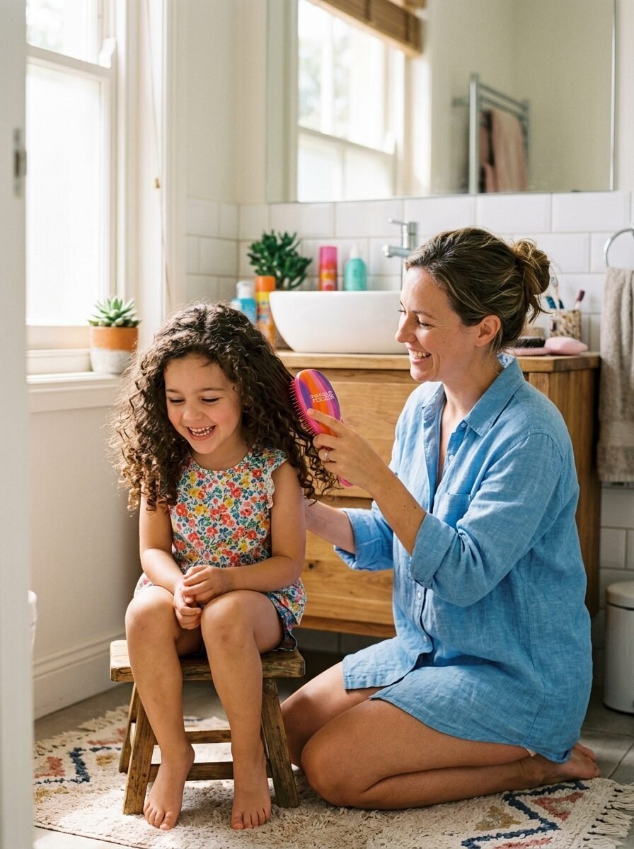 Woman kneeling on a bathroom rug brushing a little girl's curly hair with a colorful hairbrush.