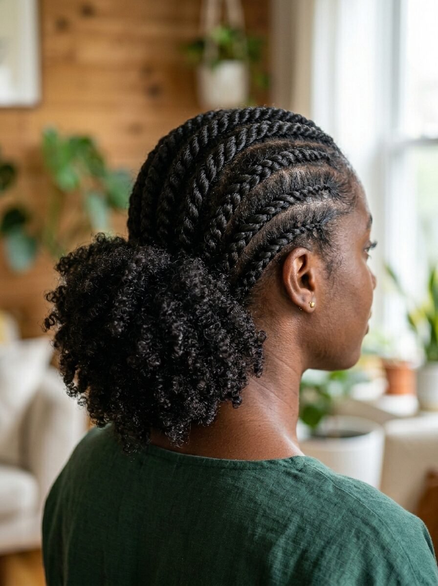 Close-up back view of a woman with black hair in cornrow braids leading into a curly low bun.