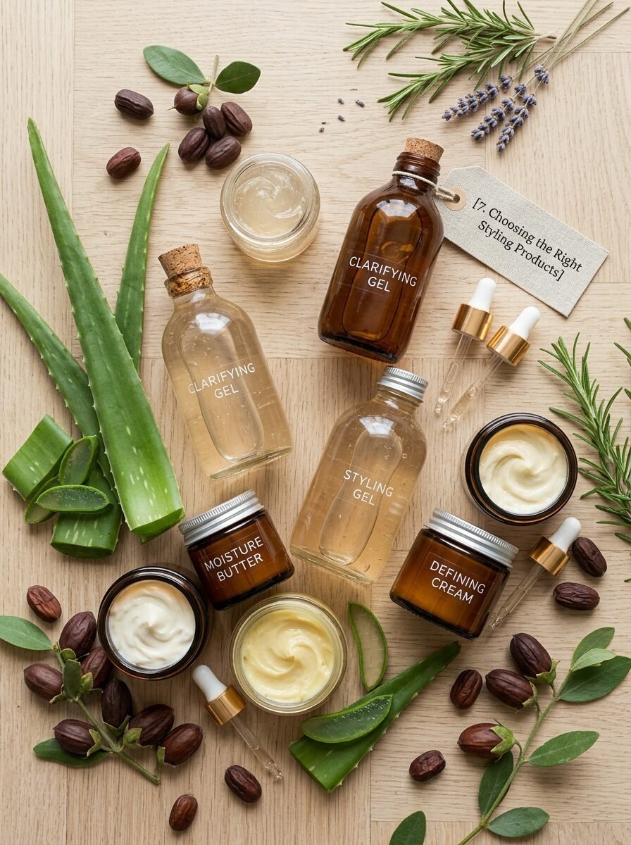 Top-down view of hair gels, moisture butter, and styling cream on a wooden surface with aloe vera and jojoba beans.