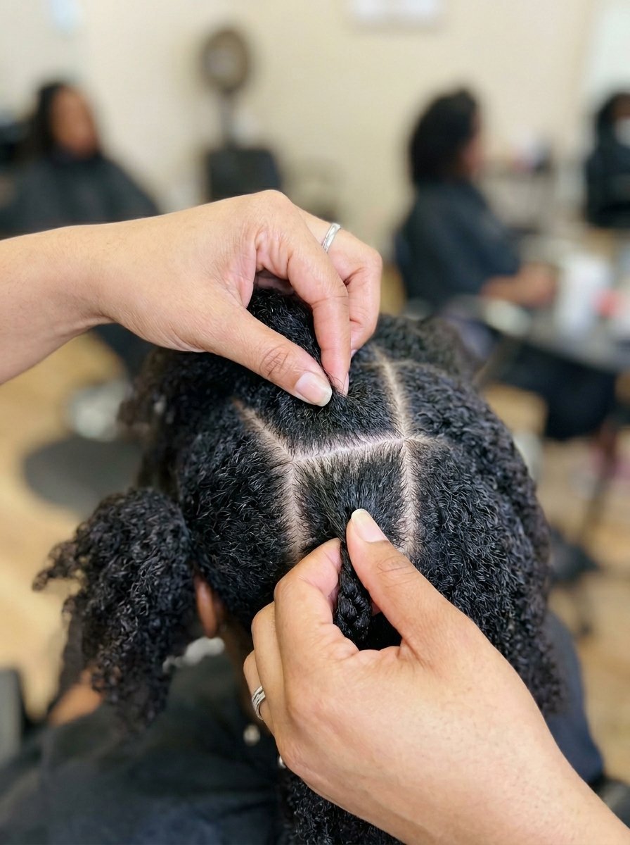 Close up of hands parting hair into precise square sections at a professional hair salon.