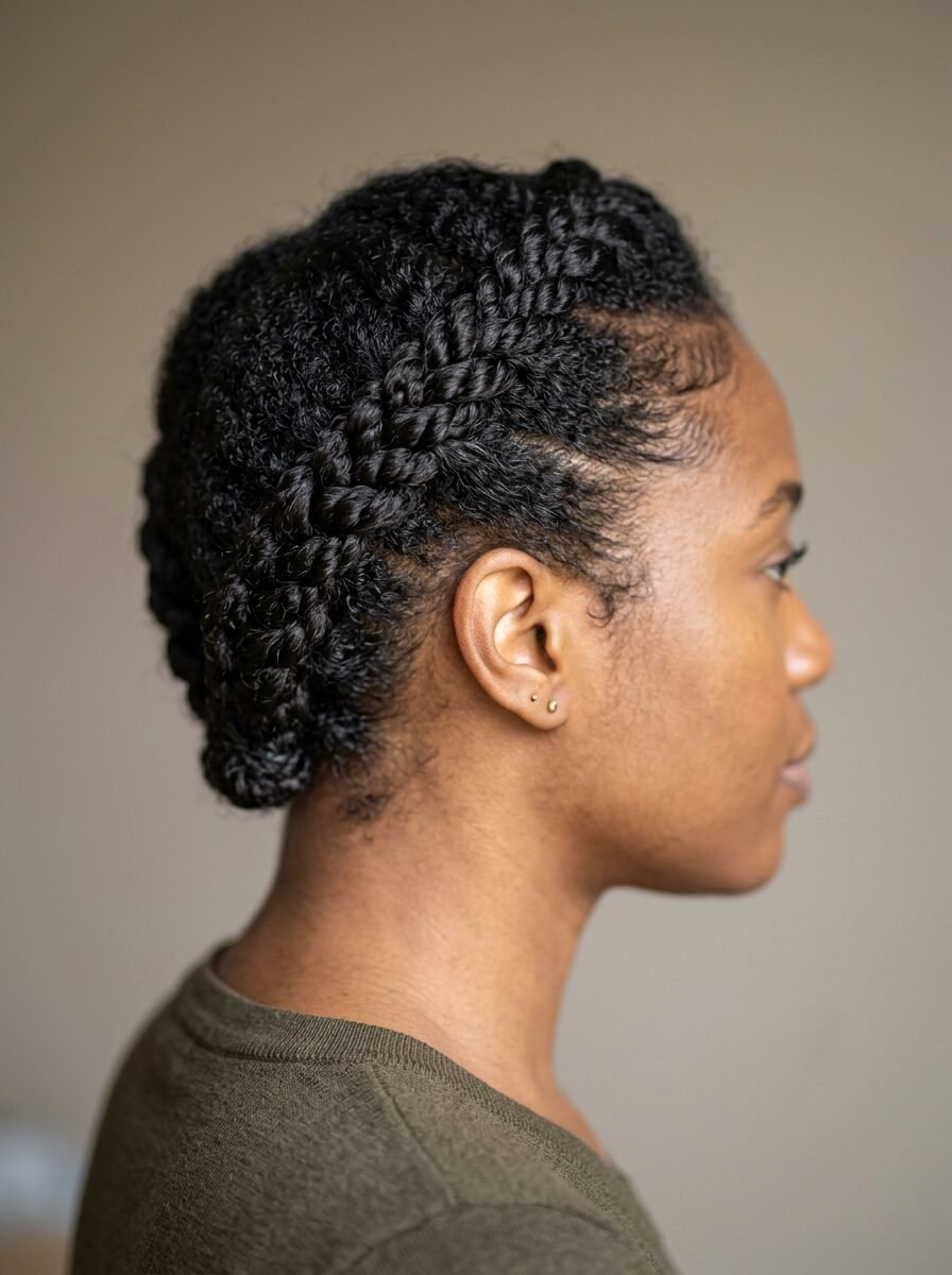 Side profile of a woman with dark coiled hair styled into intricate crown twists.