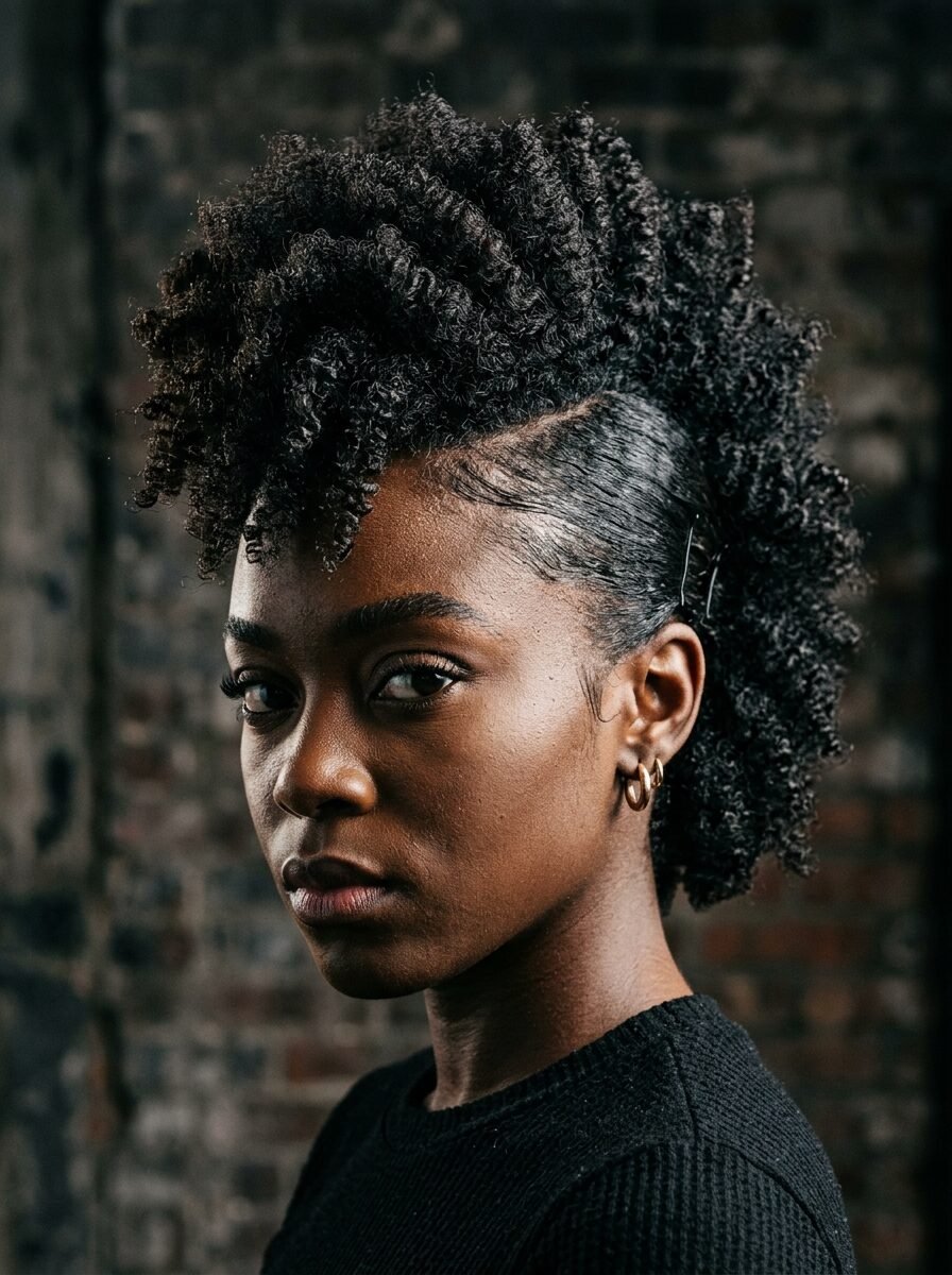 Close up profile view of a young woman with natural curly hair styled in a mohawk against a dark brick background.