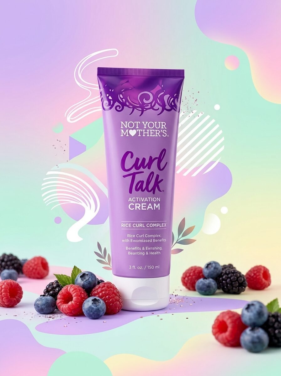 A purple squeeze tube of hair cream surrounded by scattered raspberries, blackberries, and blueberries.