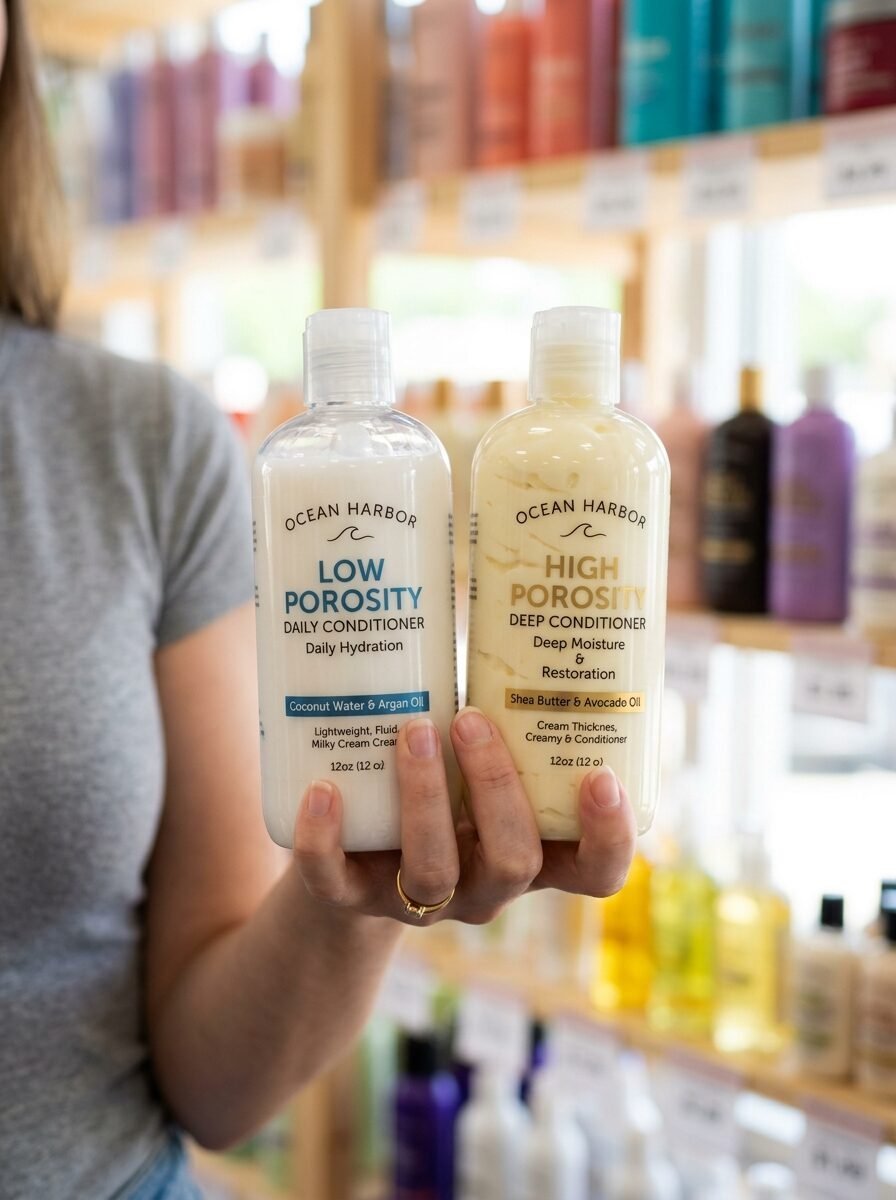 Close-up of a person holding two Ocean Harbor hair conditioner bottles in a store aisle.