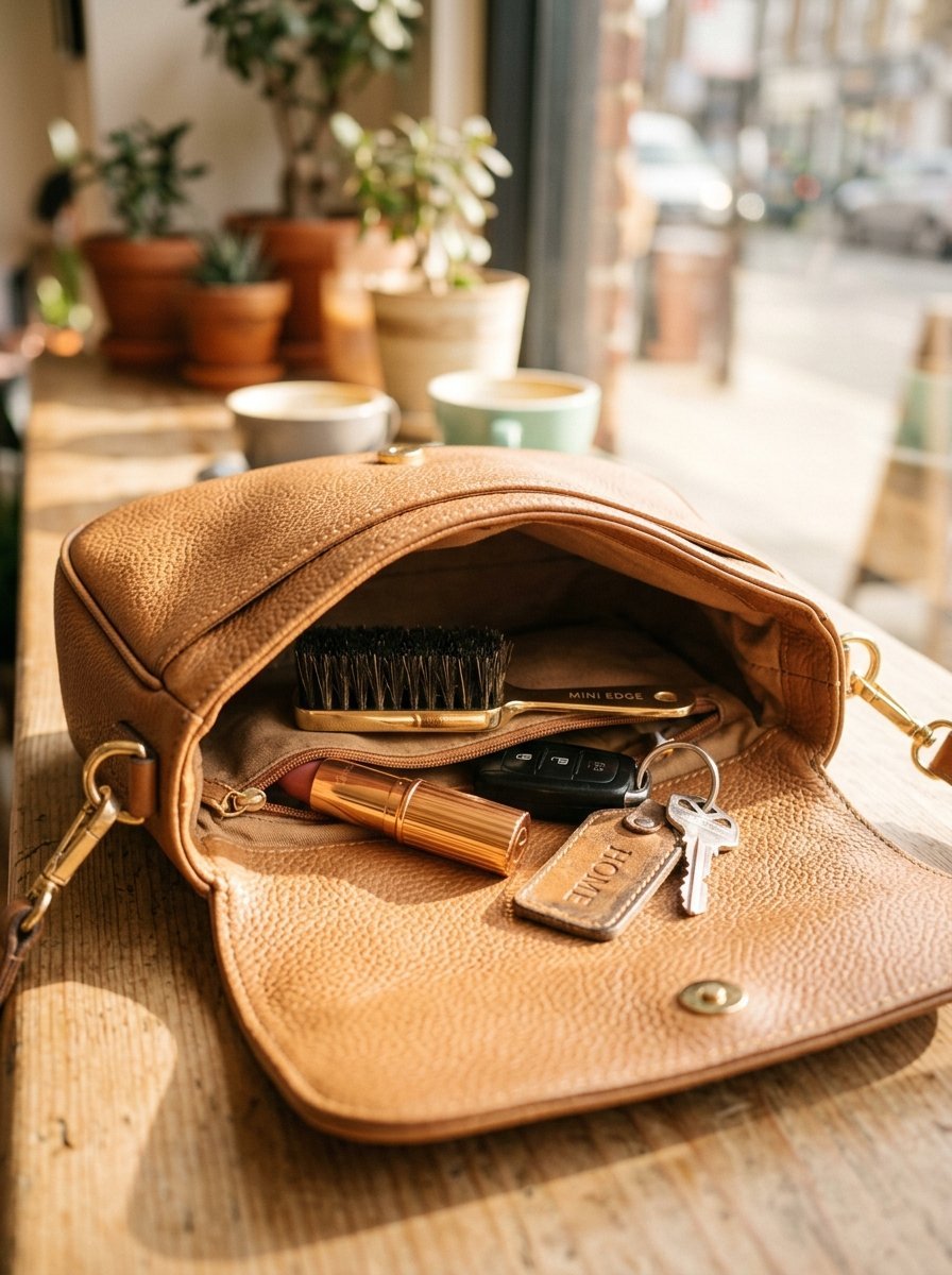 Inside view of a brown leather handbag containing a hair brush, lipstick, car key, and home keychain.