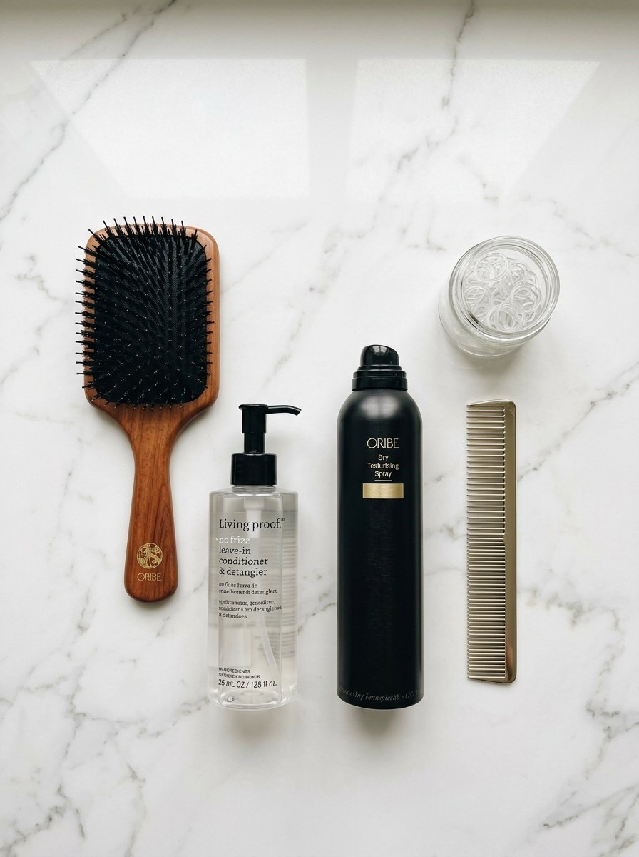 An Oribe brush, Living Proof leave-in conditioner, Oribe texturizing spray, comb, and small clear hair elastics.
