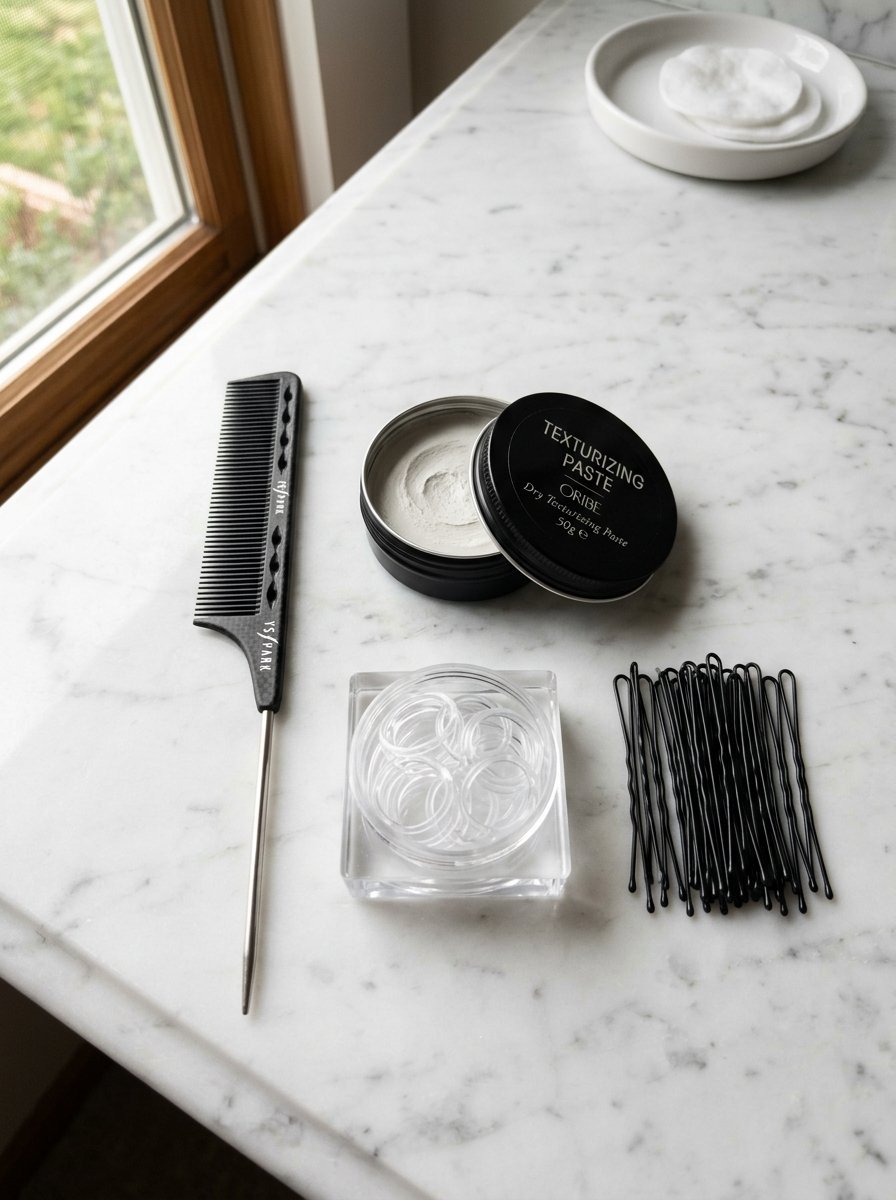 Professional hair styling tools and Oribe texture paste organized on a clean marble vanity.