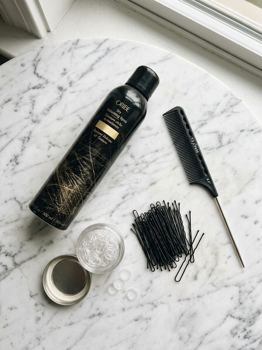 Oribe dry texturizing spray, black rat tail comb, hair ties, and bobby pins arranged on a marble surface.