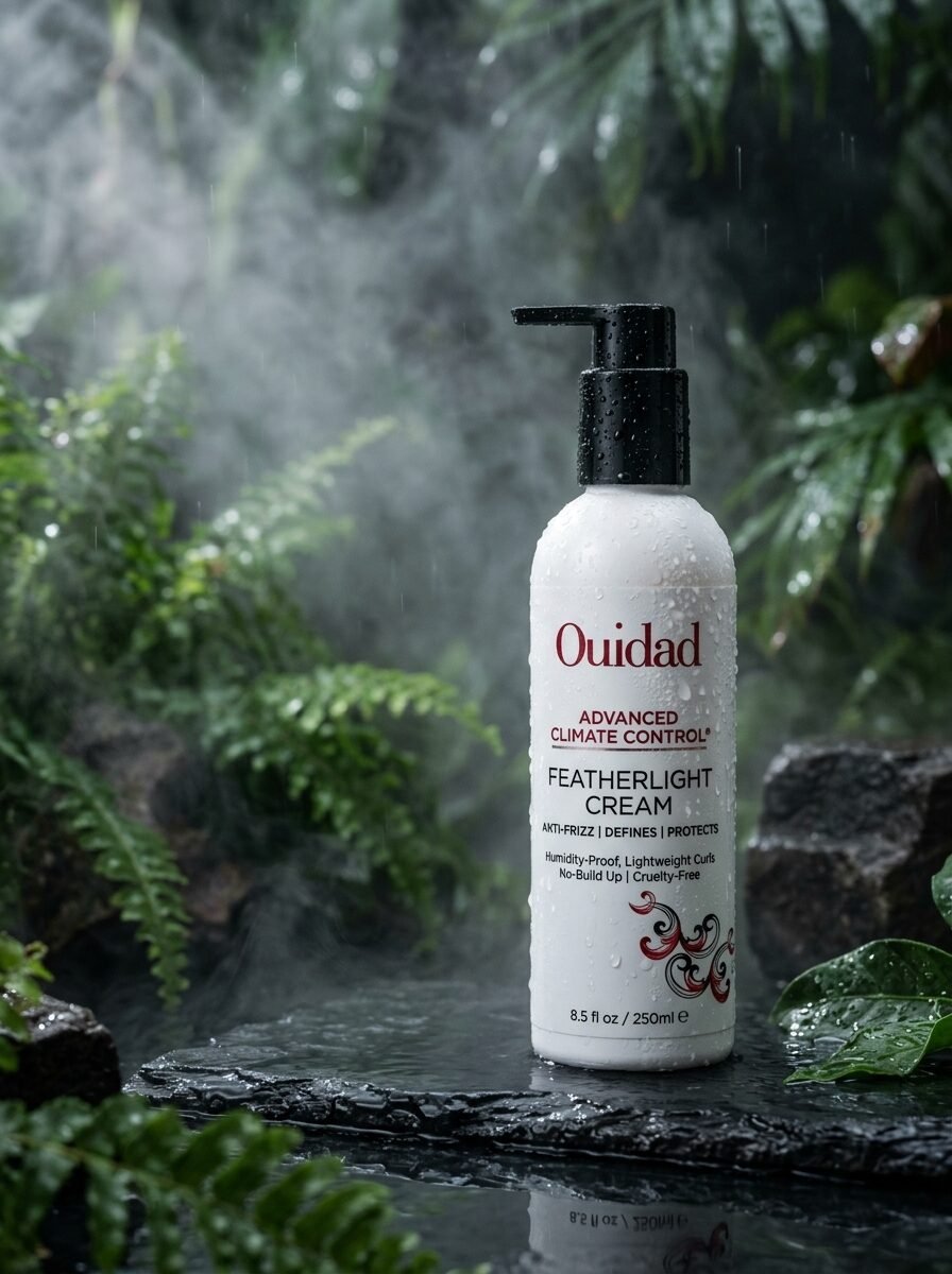 A pump bottle of Ouidad hair cream covered in water droplets set on a wet rock among ferns and fog.
