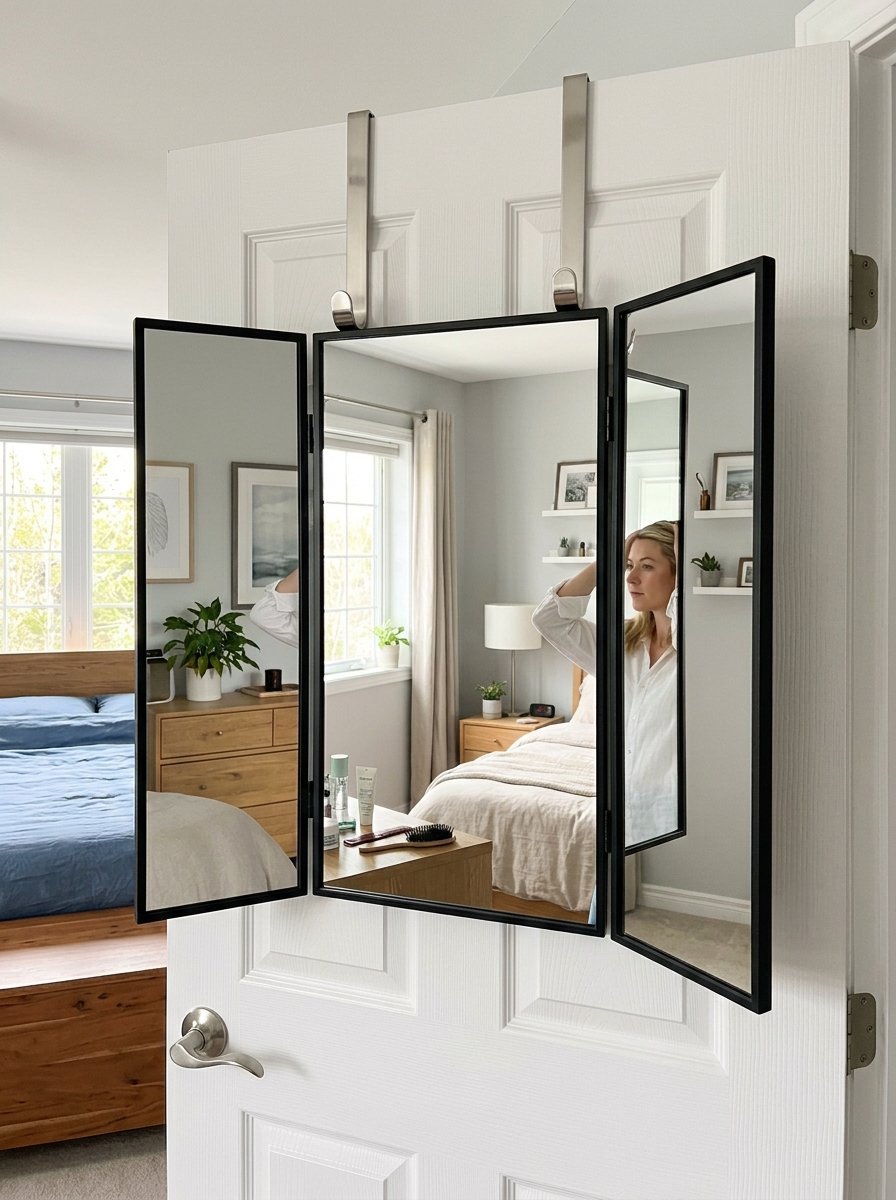 A three-sided black framed mirror hooked onto the back of a white bedroom door reflecting a person.