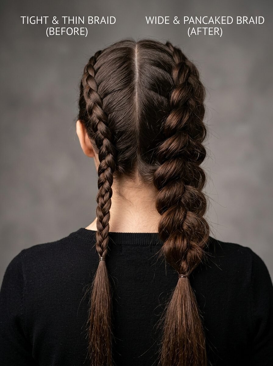 Back view of brown hair with a thin tight braid on the left and a wide, expanded, pancaked braid on the right.