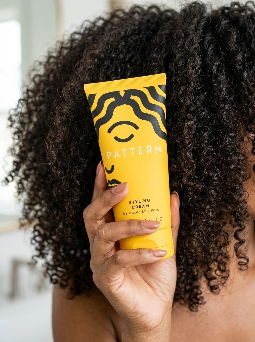 Close up of a hand holding a yellow tube of Pattern styling cream near a person with dark curly hair.