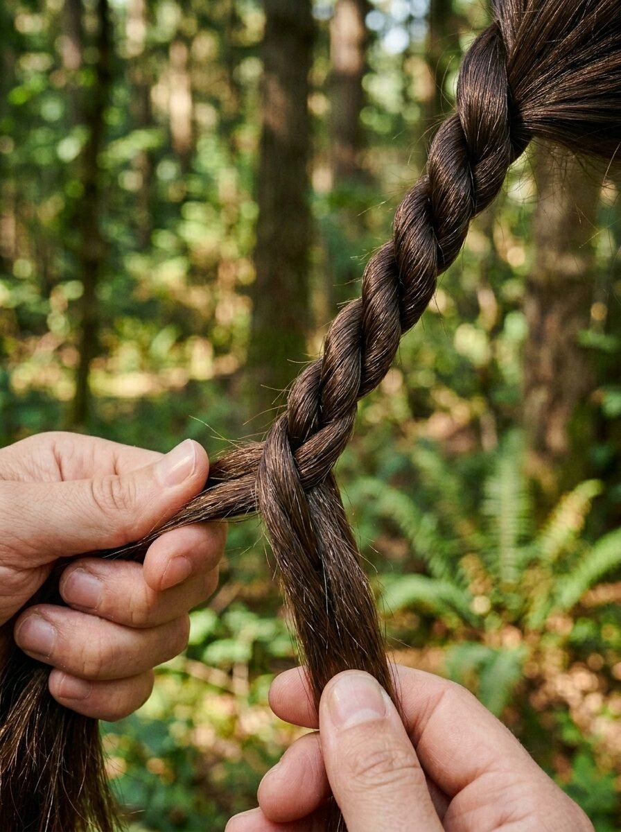 Close up shot of hands braiding long brown hair in a forest setting.