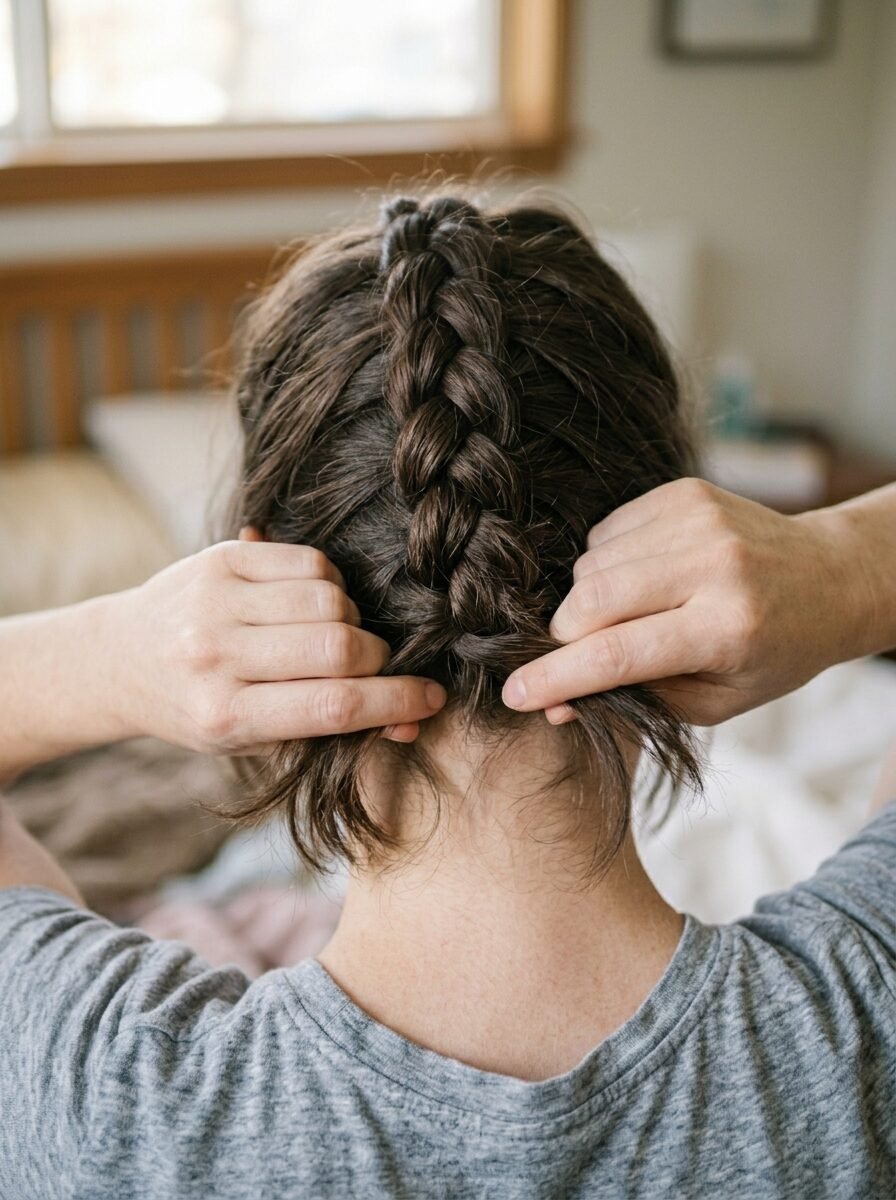 Close up of hands braiding dark brown hair down the center of the head from the nape of the neck.